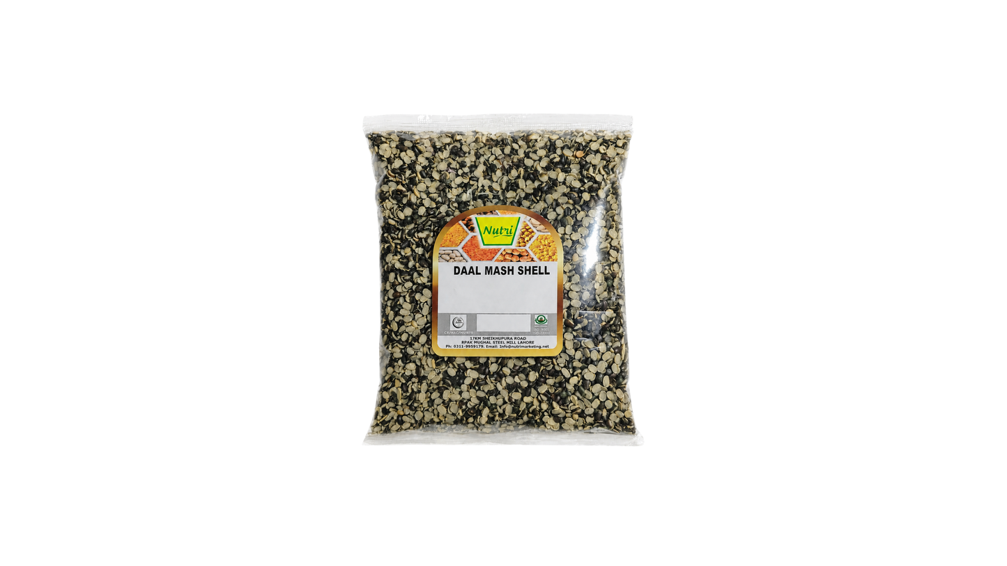 A clear plastic bag filled with dark brown and black daal mash shell, featuring a yellow and white label in the center, set against a plain white background.